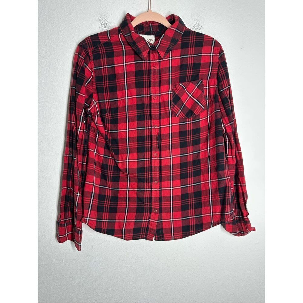 Arizona Jean Co Womens Sz L Long Sleeve Snap Button Red Plaid Cotton Shirt